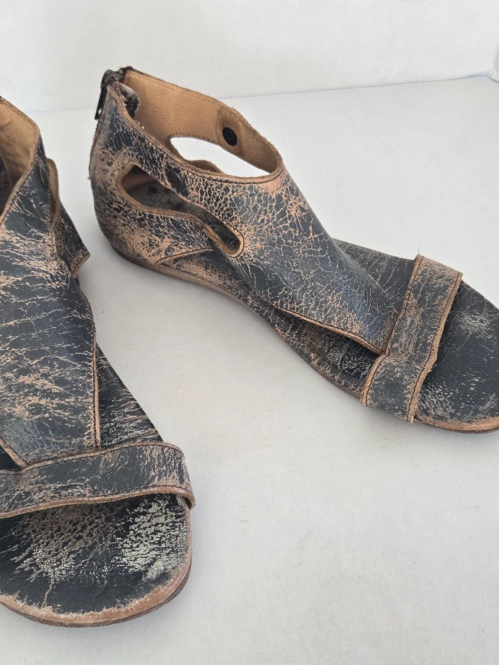 BED|STU Distressed Two-Tone Black & Tan Leather Cutout Sandals